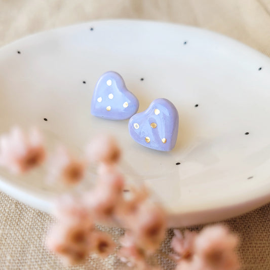 Porcelain stud earrings with gold "Tiny light purple hearts"
