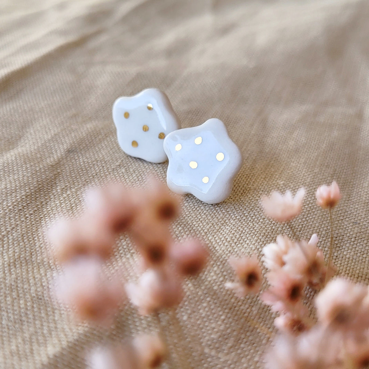 Porcelain stud earrings with gold "Tiny white clouds"