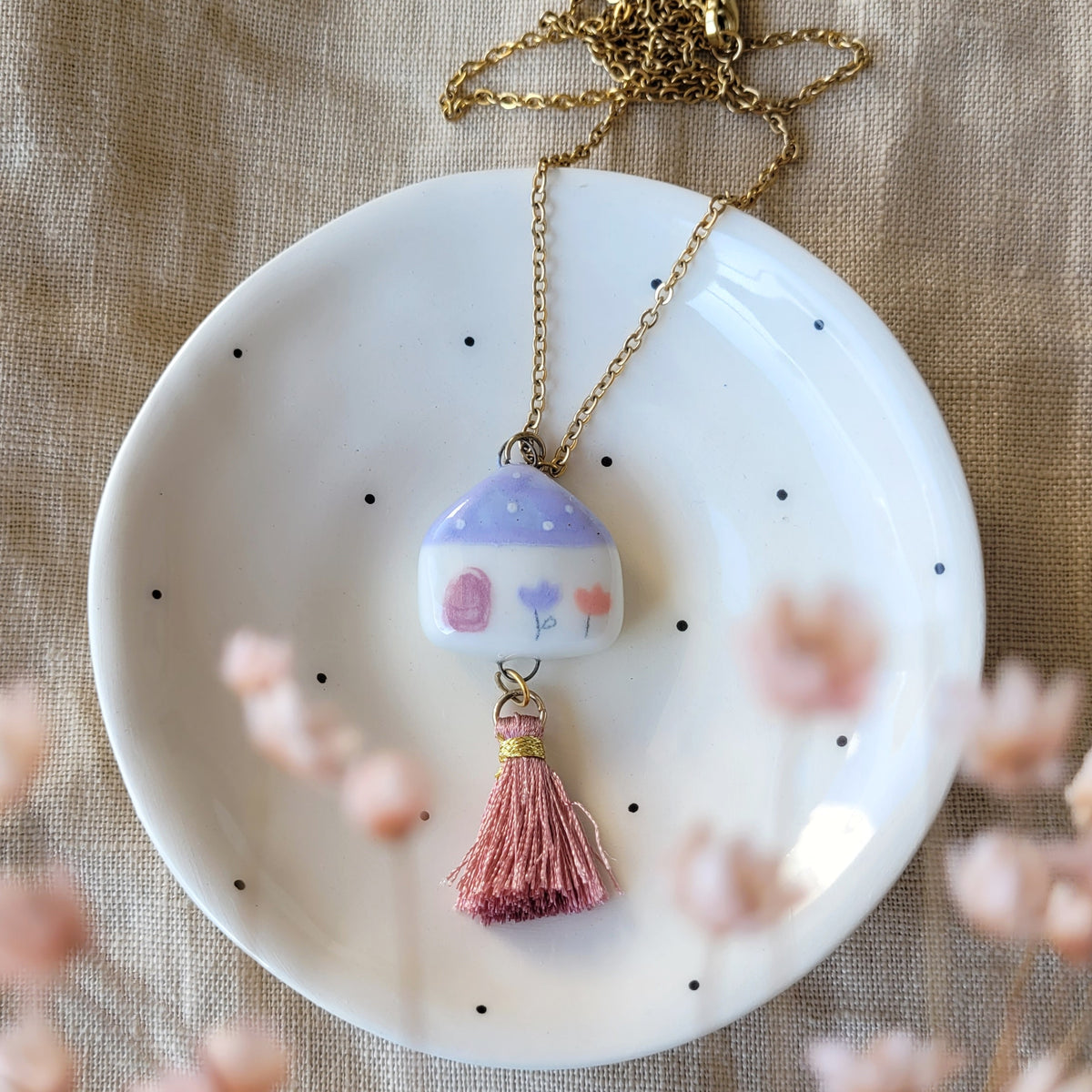 Porcelain necklace  "Purple house"