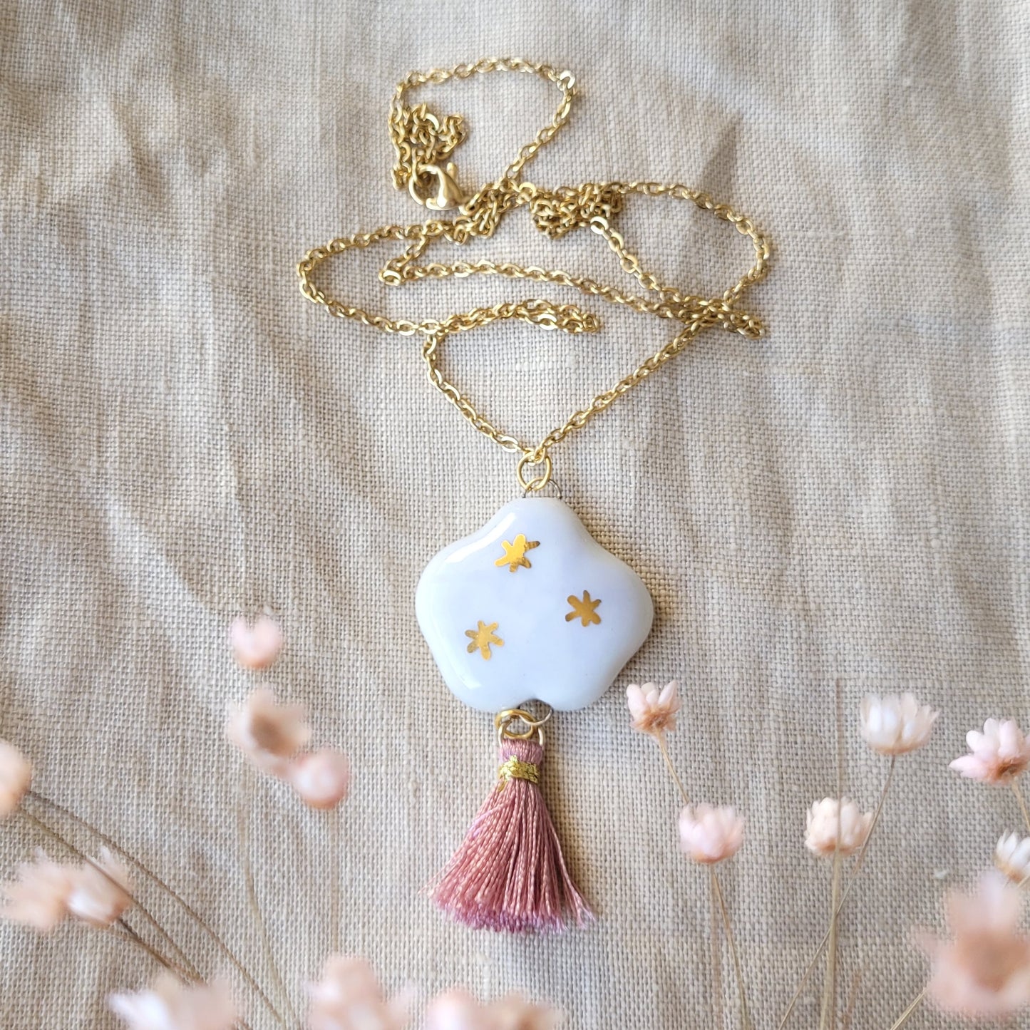 Porcelain necklace  with gold "Light purple and white cloud"