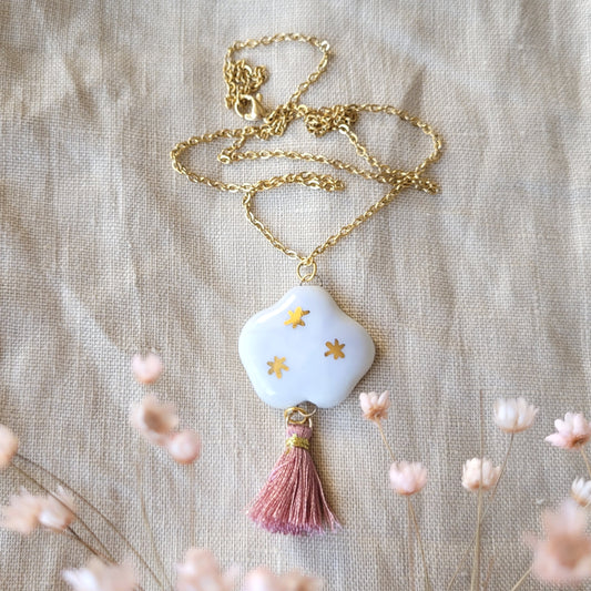 Porcelain necklace  with gold "Light purple and white cloud"