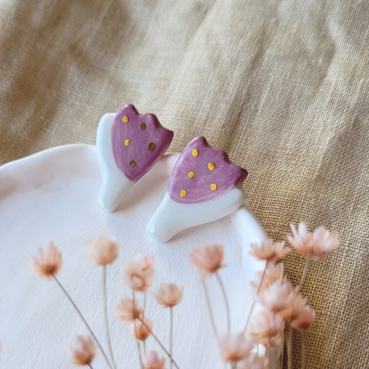 Porcelain stud earrings with gold "Dark pink tulips"
