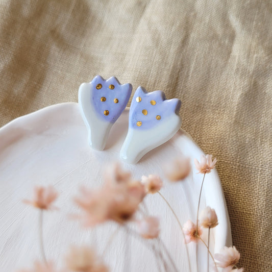 Porcelain stud earrings with gold "Light purple tulips"