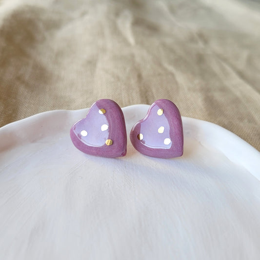 Porcelain stud earrings with gold "Dark pink hearts"