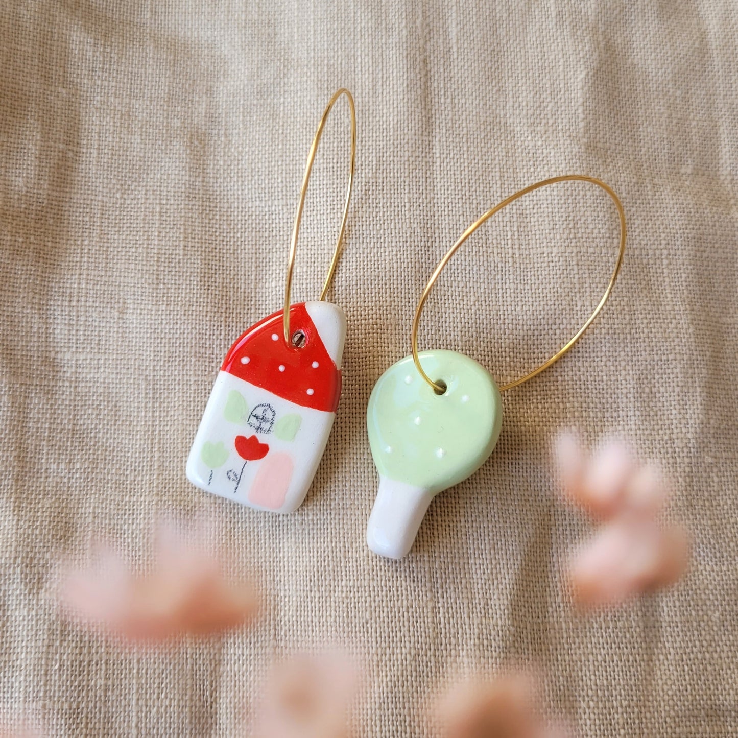 Ceramic mismatched dangle earrings "Red house and a tree"