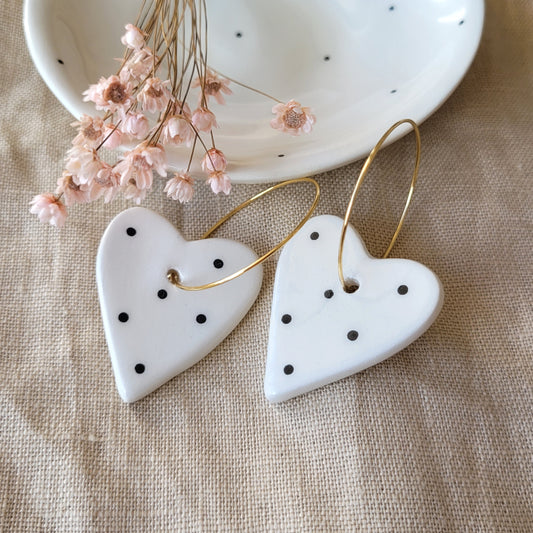 Ceramic dangle earrings "Big white hearts with black dots"