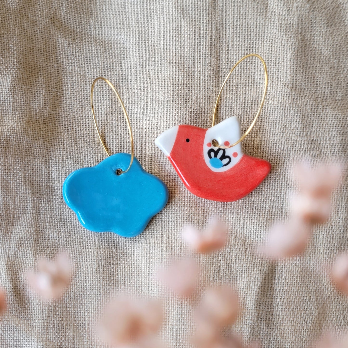 Ceramic mismatched dangle earrings "Red bird and cloud"