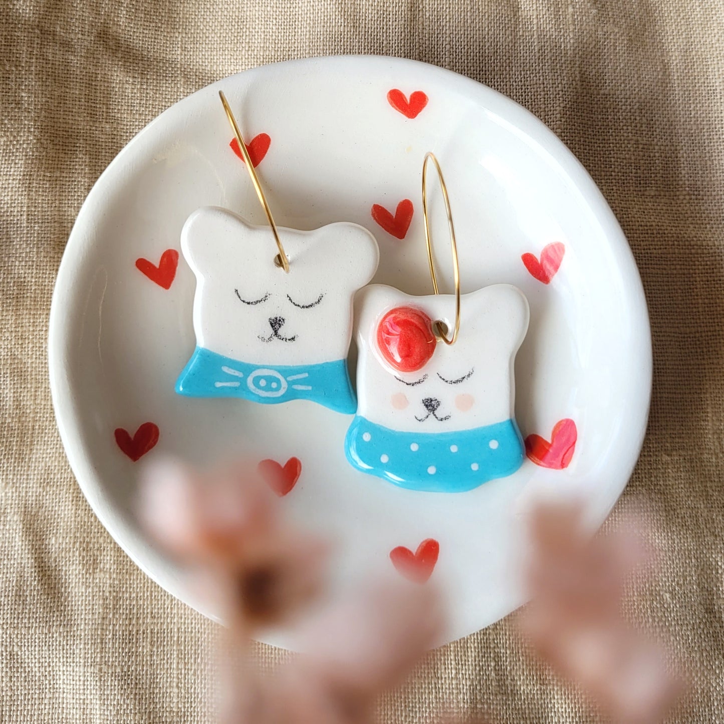 Ceramic mismatched dangle earrings "Bears in love"