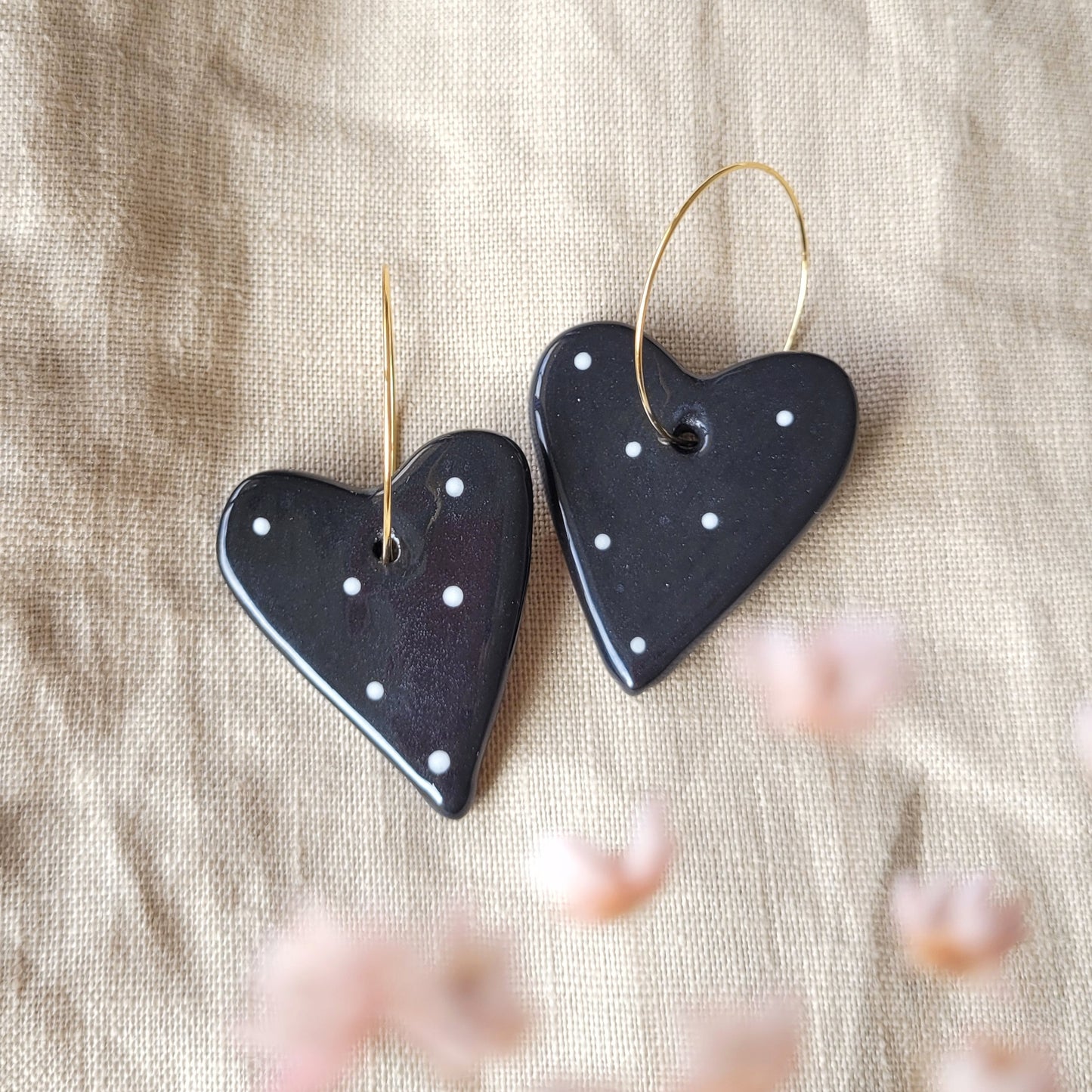 Ceramic dangle earrings "Big black hearts with white dots"