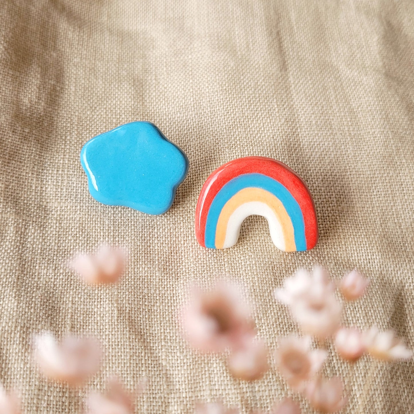 Ceramic mismatched stud earrings "Cloud and rainbow"