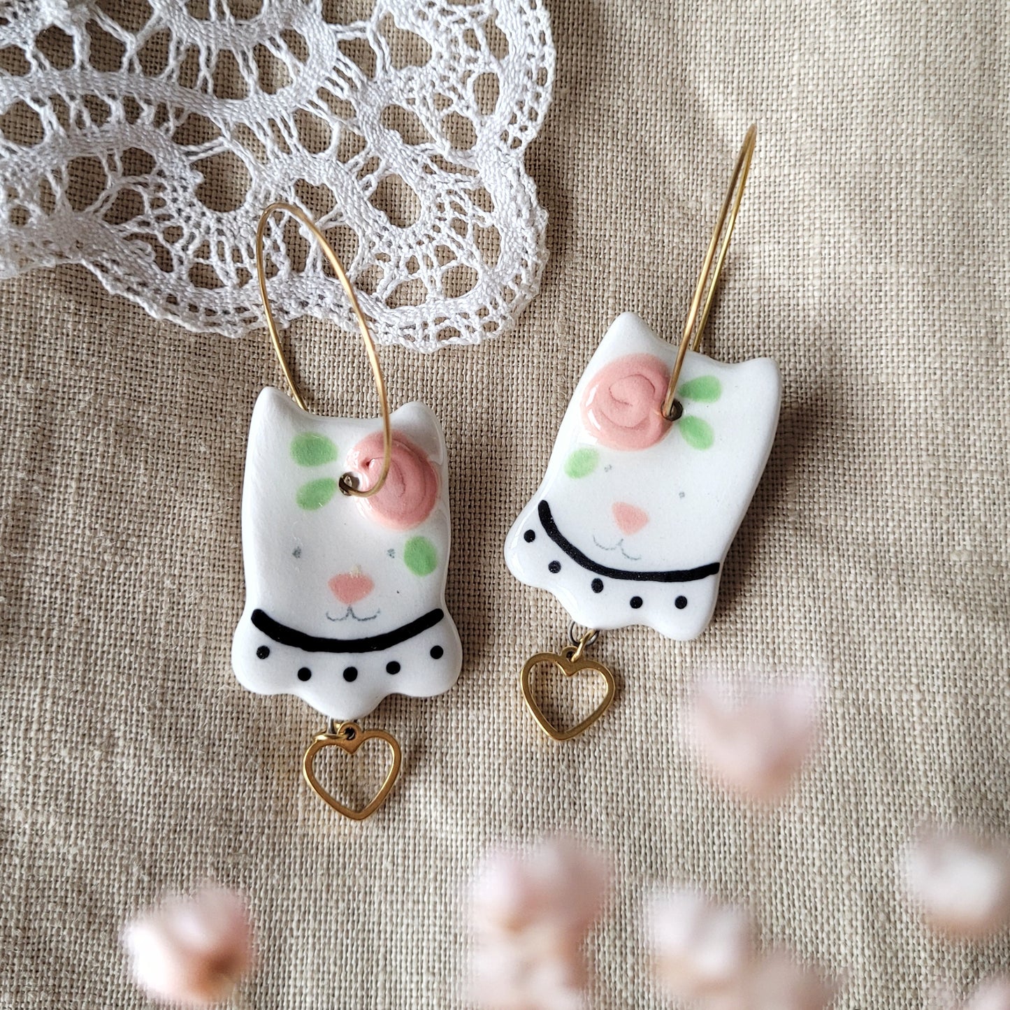 Porcelain dangle earrings "Kitties with flowers"