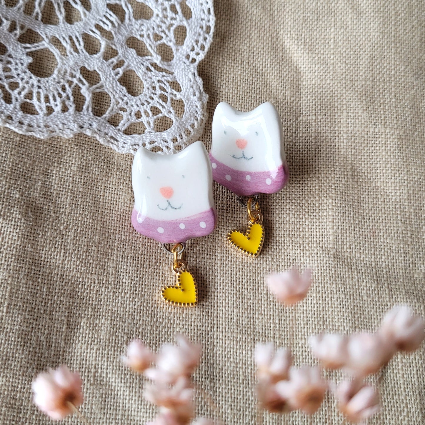 Porcelain stud earrings "Kitties with dark pink collars and yellow hearts"