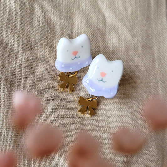 Porcelain stud earrings "Kitties with light pink collars and bows"