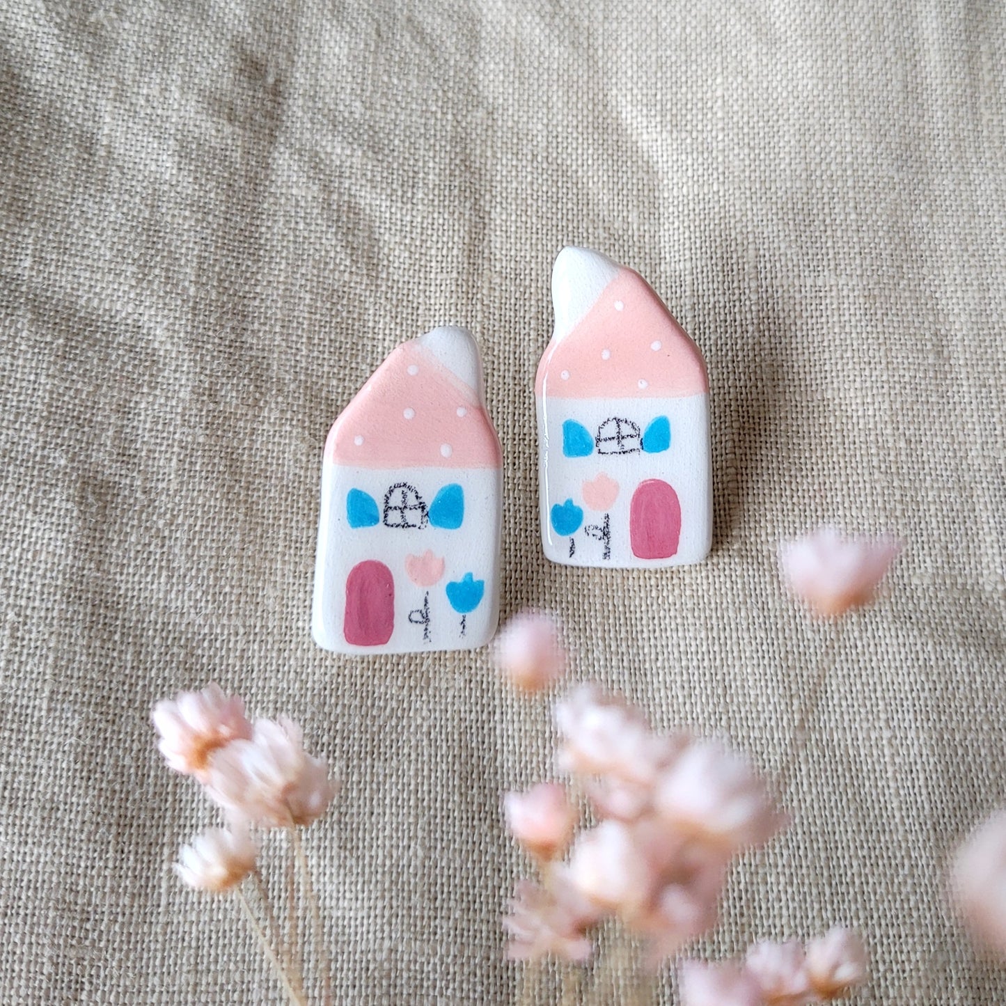 Ceramic stud earrings "Pink houses"