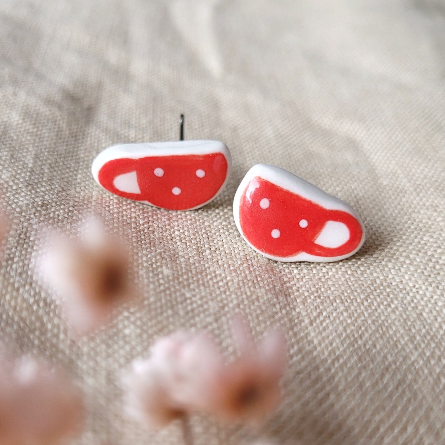 Porcelain stud earrings " Tiny red coffee mugs with white dots"
