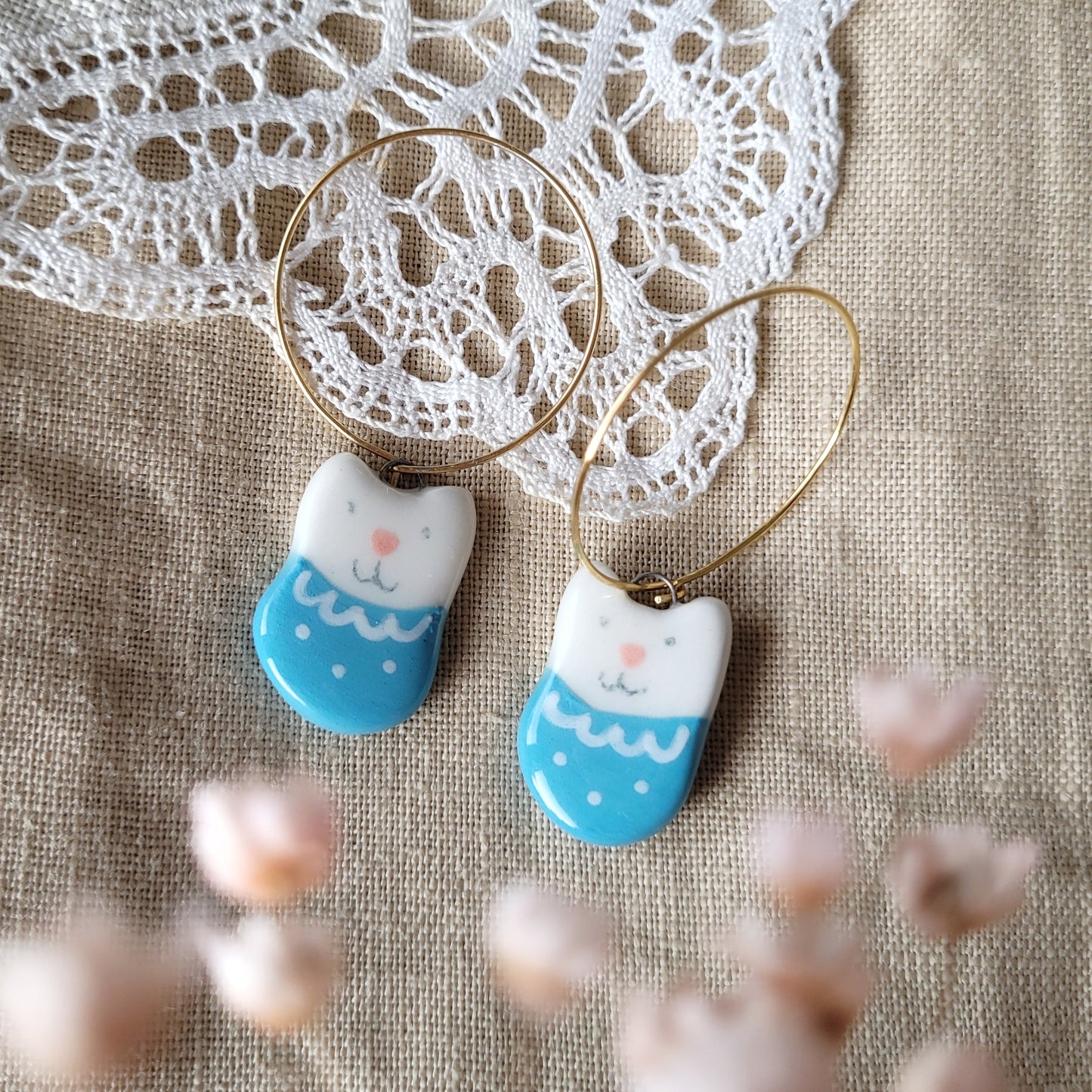 Porcelain dangle earrings "Kitties in blue pyamas"