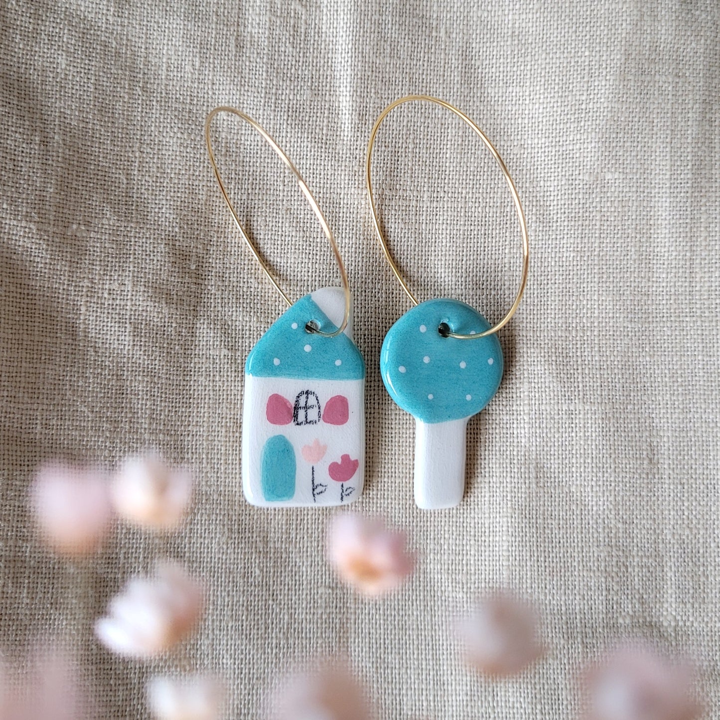 Ceramic mismatched dangle earrings "House and tree in light turquoise color"