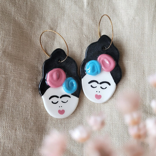 Ceramic dangle earrings "Girls with flowers"