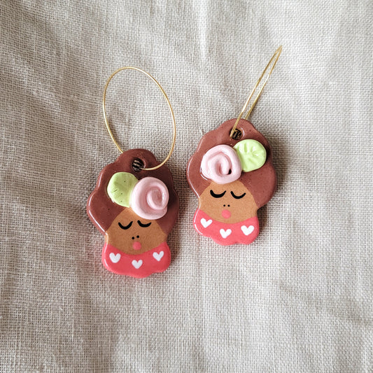 Ceramic dangle earrings "Brown girls with flowers"