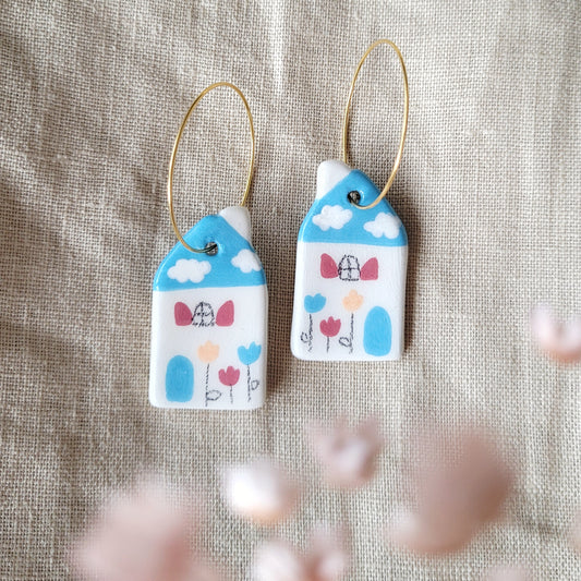 Ceramic dangle earrings "Big blue houses"