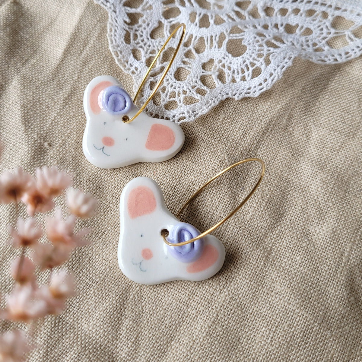 Porcelain dangle earrings "Mices with purple flowers"