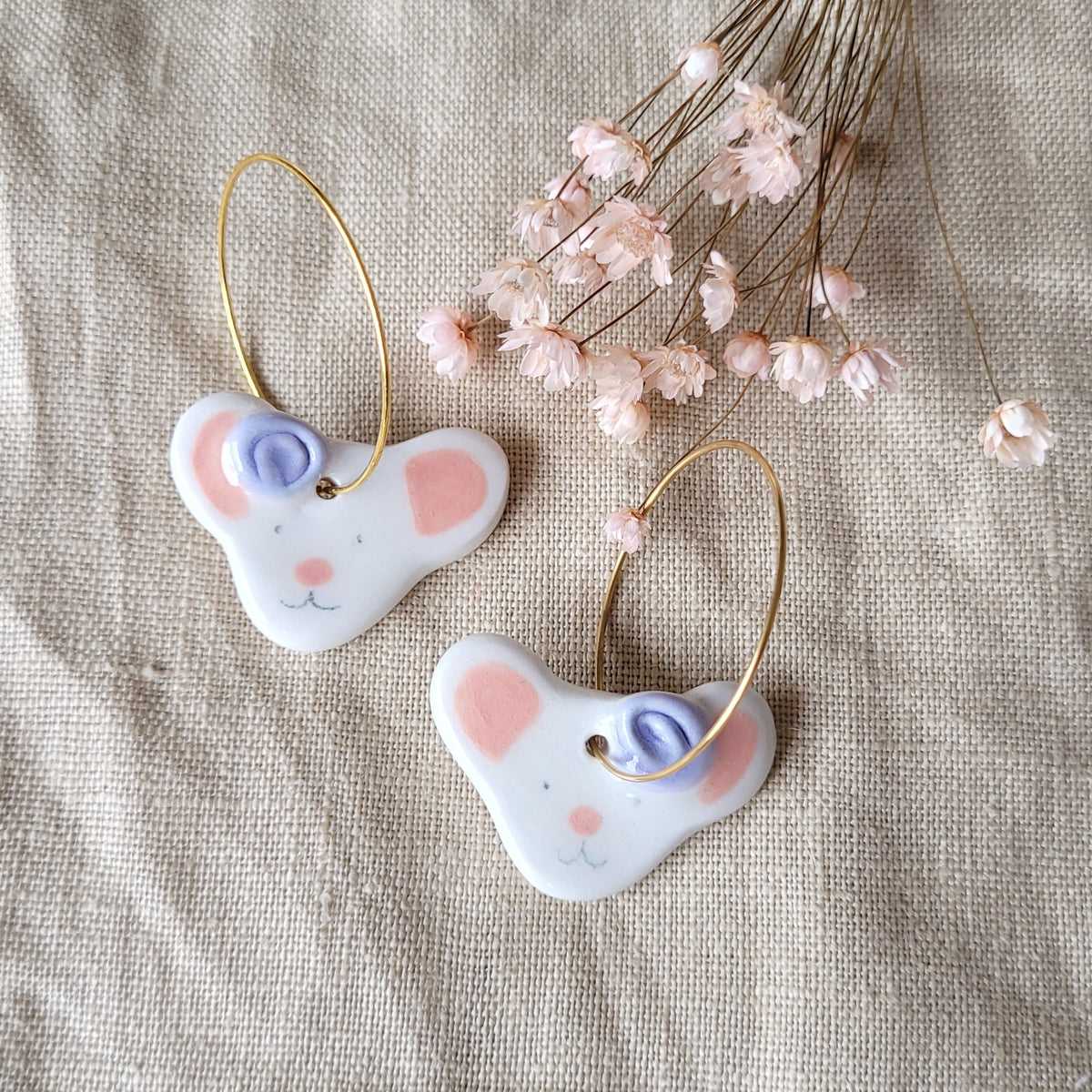 Porcelain dangle earrings "Mices with purple flowers"