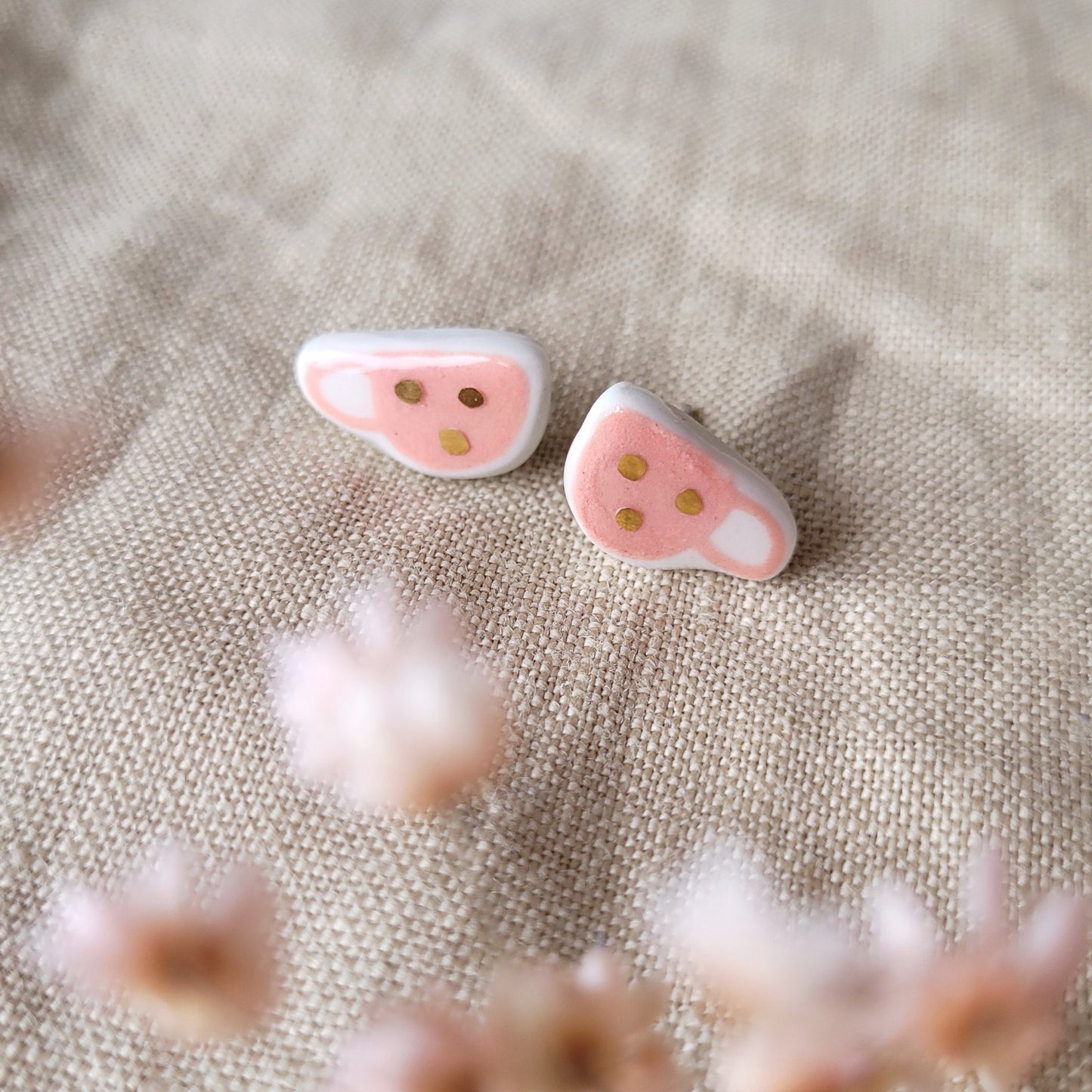 Porcelain stud earrings with gold " Tiny pink coffee mugs with white dots"