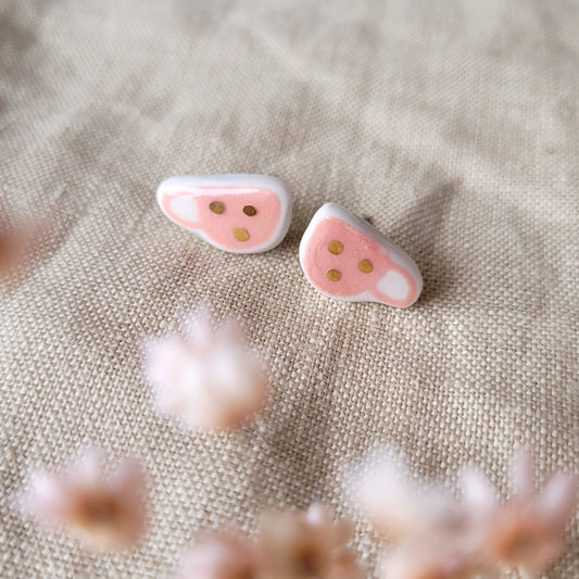 Porcelain stud earrings with gold " Tiny pink coffee mugs with white dots"