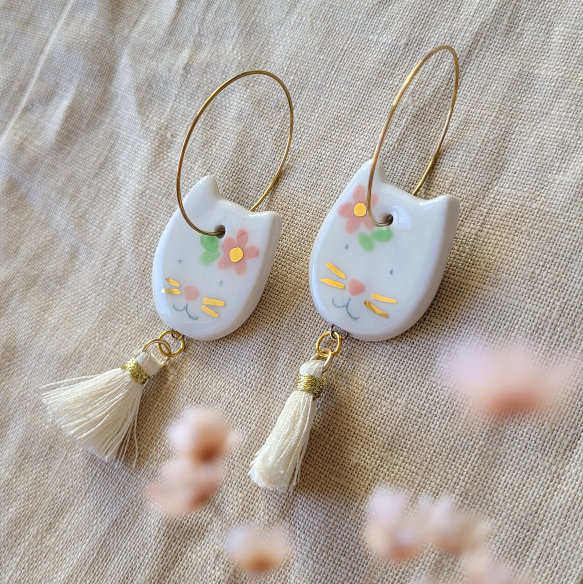 Porcelain dangle earrings with gold "Cats with gold mustaches and pink flowers"