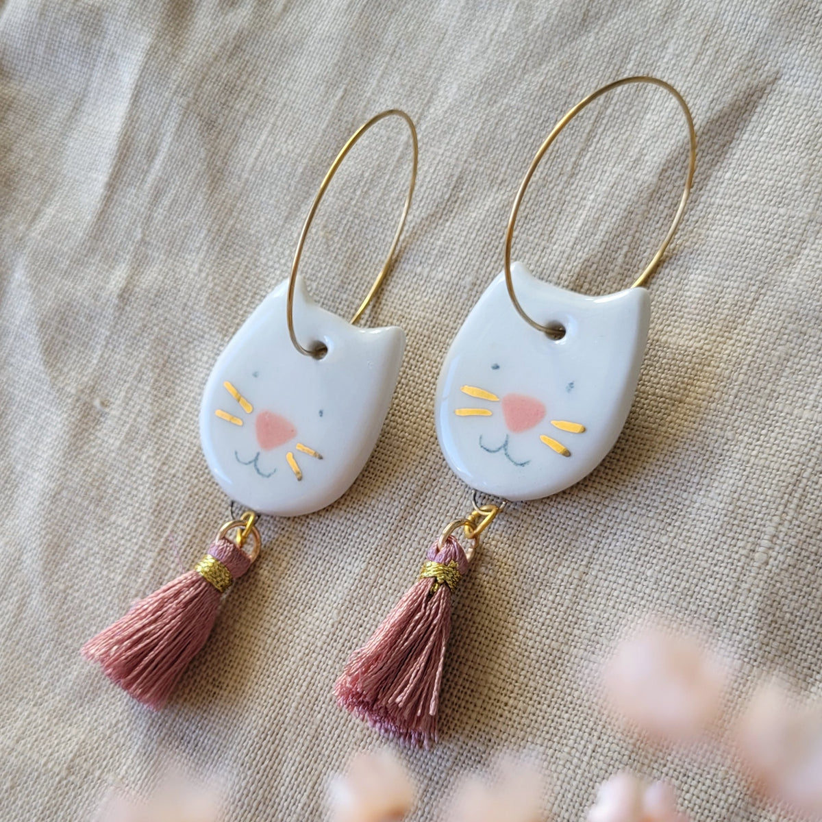 Porcelain dangle earrings with gold "Cats with gold mustaches"
