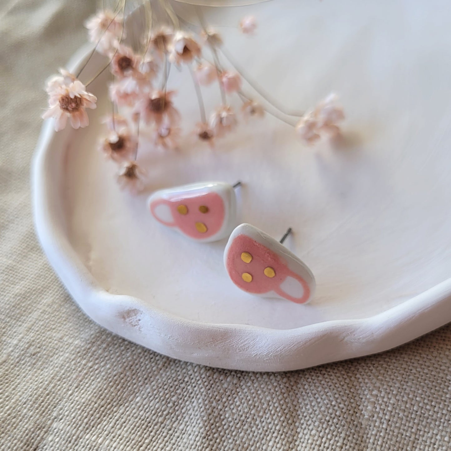 Porcelain stud earrings with gold " Tiny pink coffee mugs with white dots"