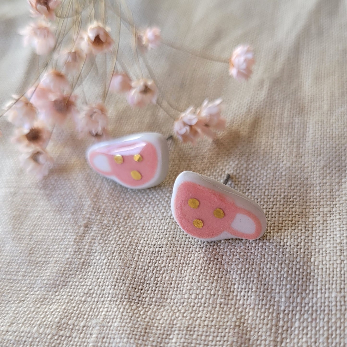 Porcelain stud earrings with gold " Tiny pink coffee mugs with white dots"