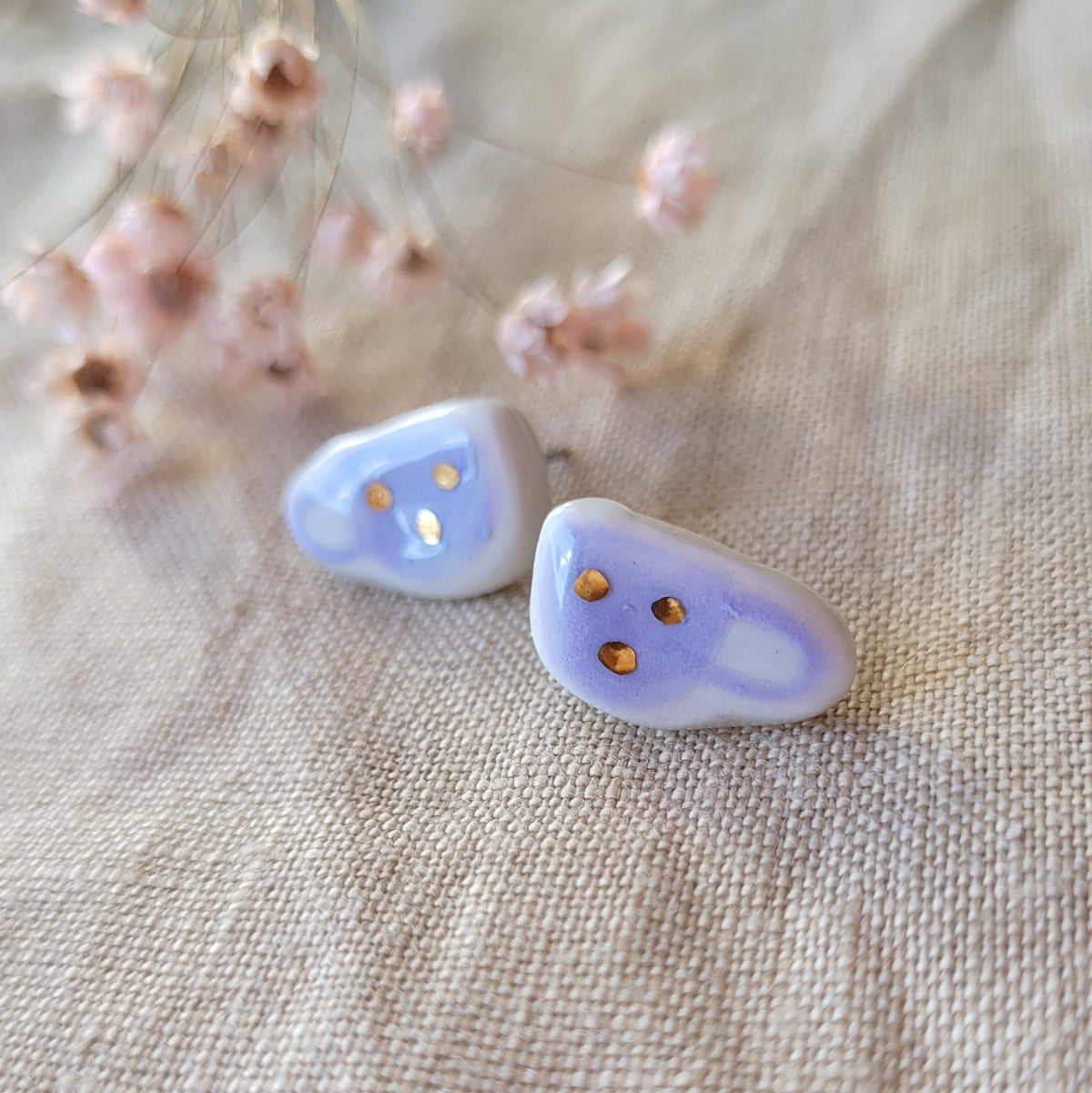 Porcelain stud earrings with gold " Tiny purple coffee mugs with white dots"