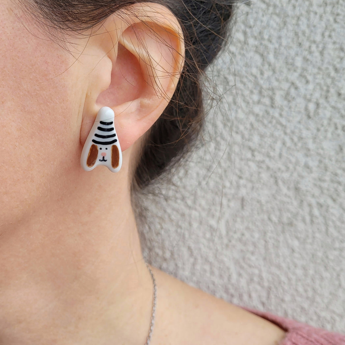 Porcelain stud earrings "Puppies with black and white hats"