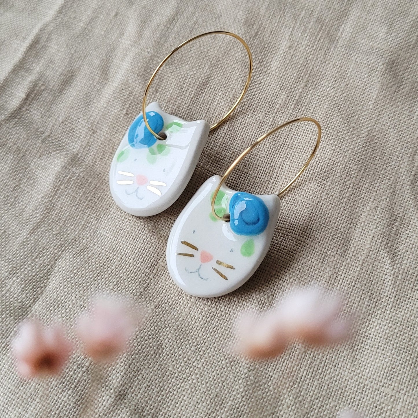 Porcelain dangle earrings with gold "Cats with blue flowers"