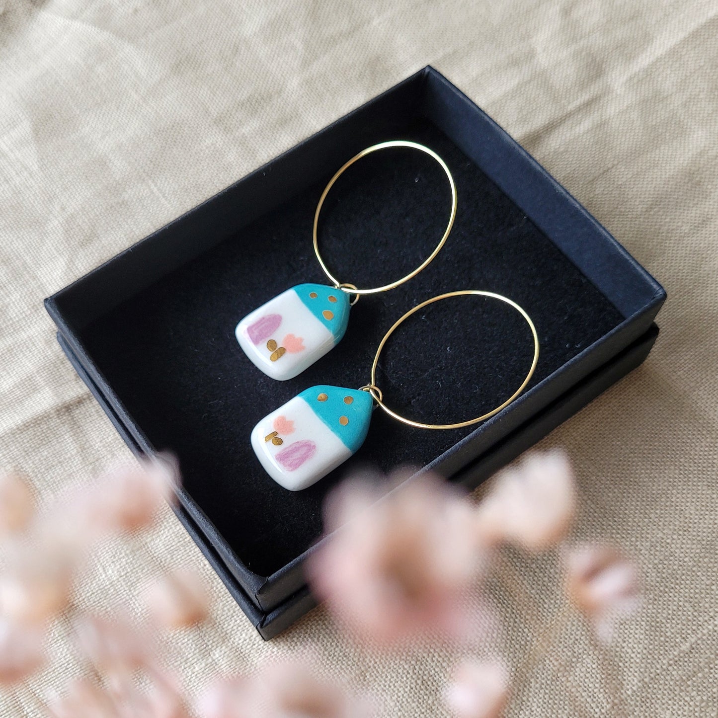 Porcelain dangle earrings with gold "Green houses"
