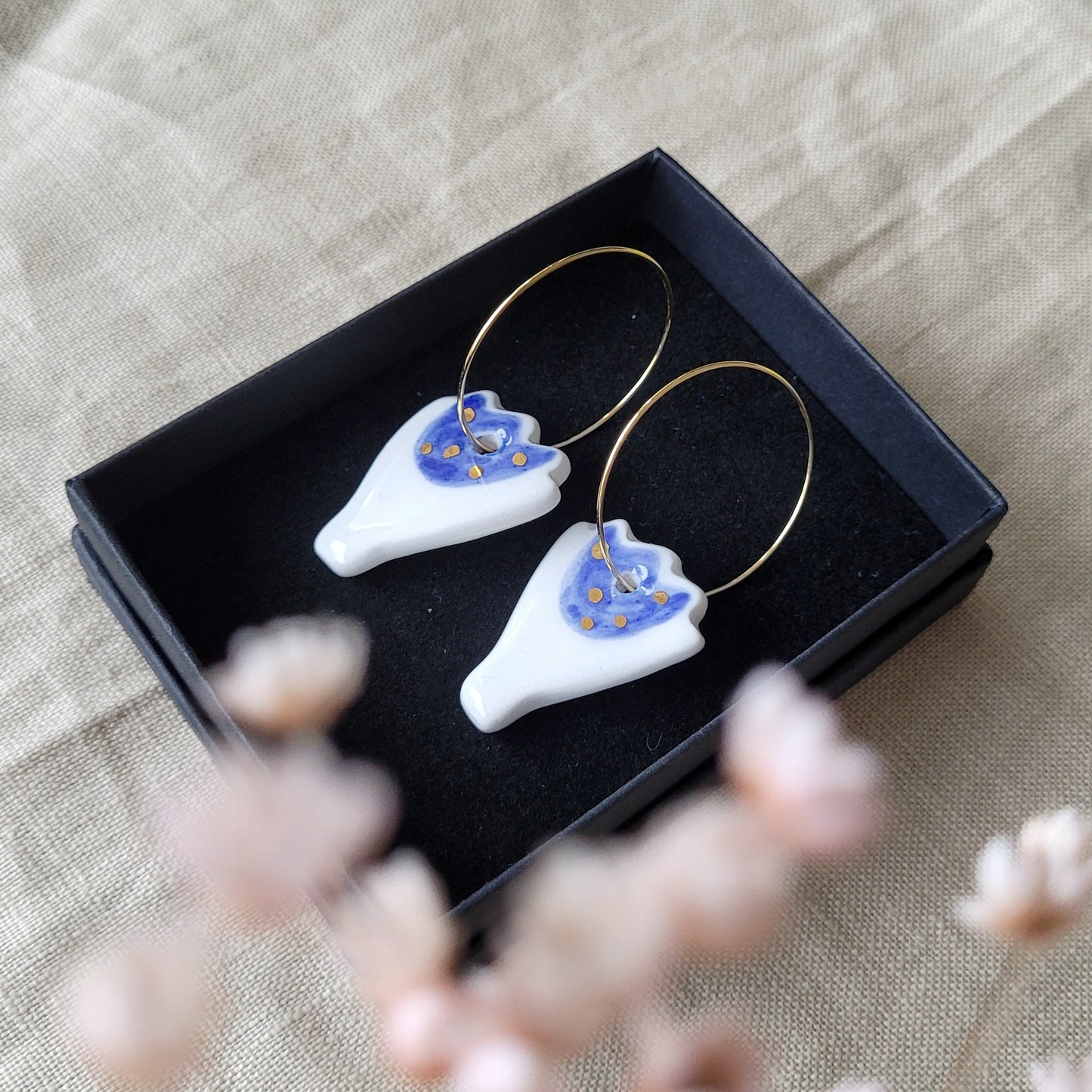 Porcelain dangle earrings with gold "Dark blue tulips"
