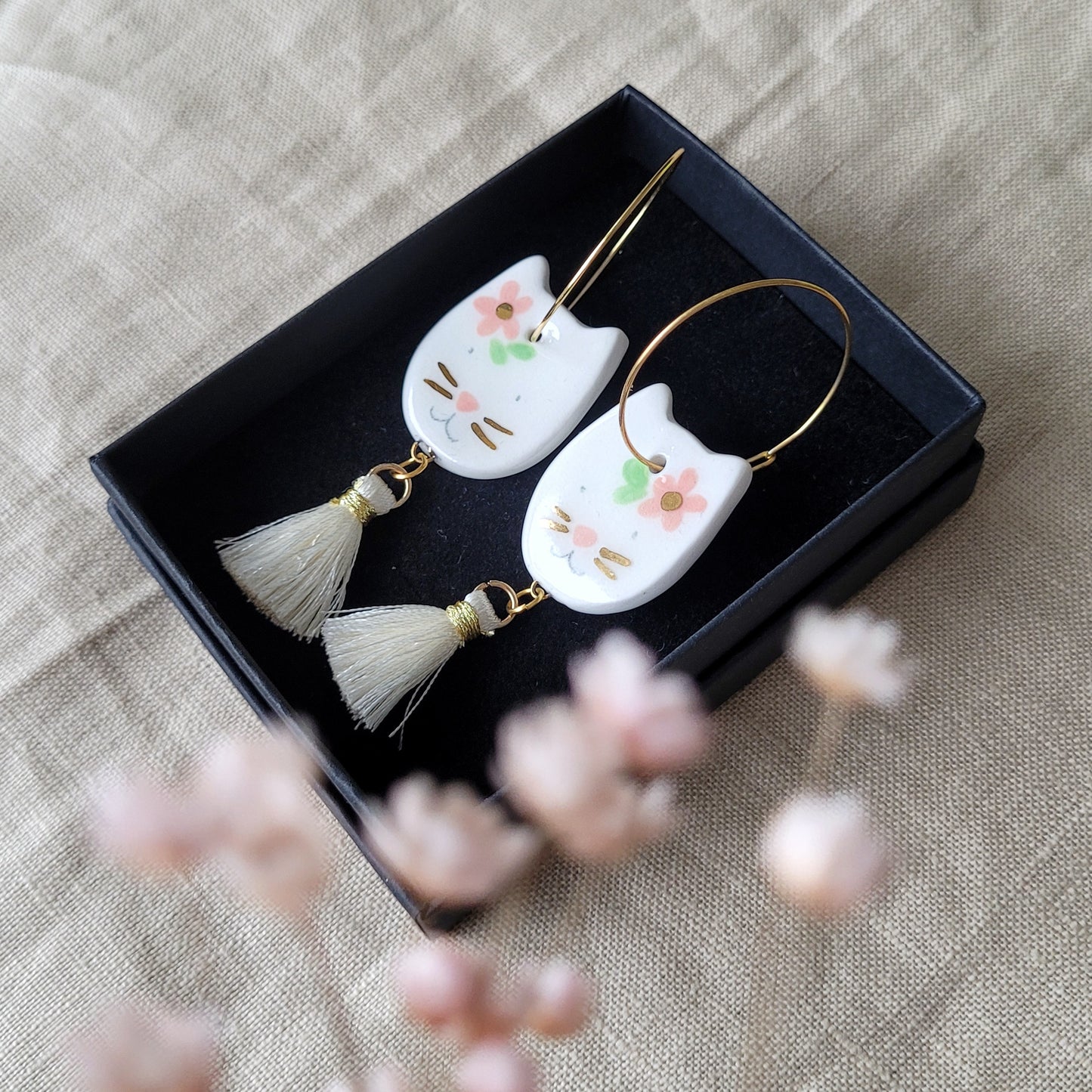 Porcelain dangle earrings with gold "Cats with gold mustaches and pink flowers"