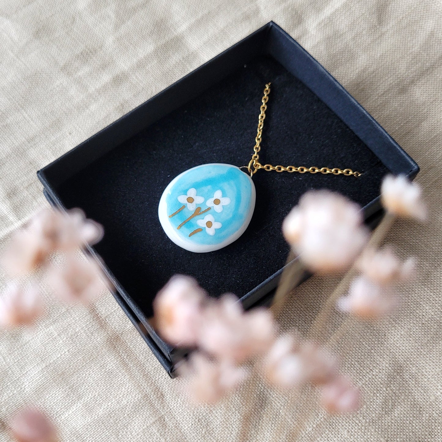 Porcelain necklace with gold "Blue sky" (big pendant)