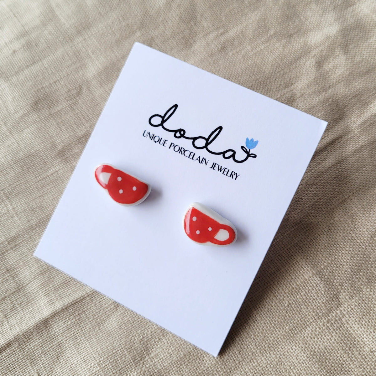 Porcelain stud earrings " Tiny red coffee mugs with white dots"