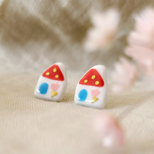 Porcelain stud earrings with gold "Tiny red houses"