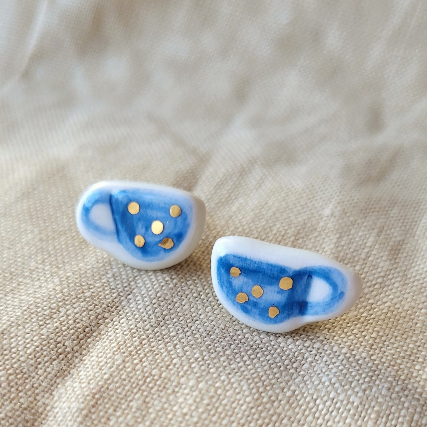Porcelain stud earrings with gold " Tiny blue coffee mugs with dots"
