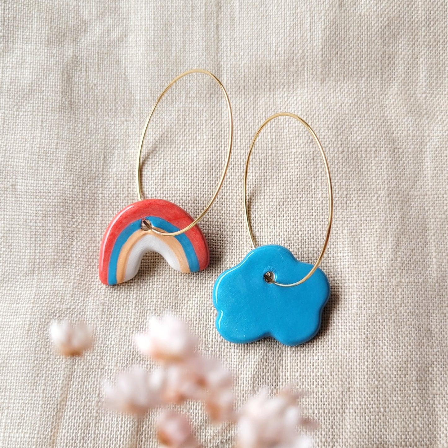 Ceramic mismatched dangle earrings "Cloud and rainbow"