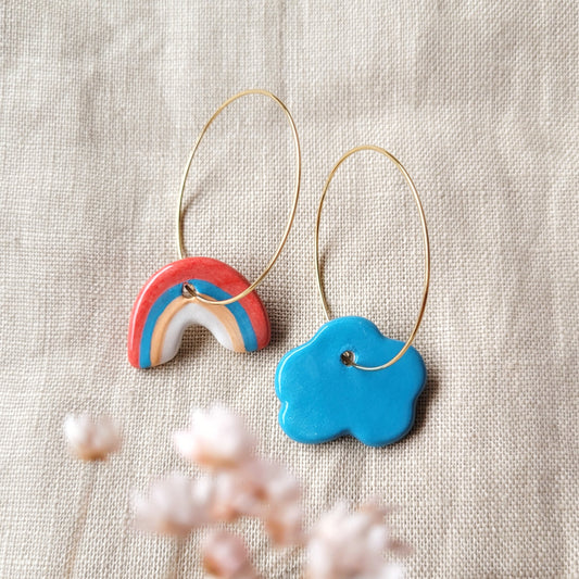 Ceramic mismatched dangle earrings "Cloud and rainbow"