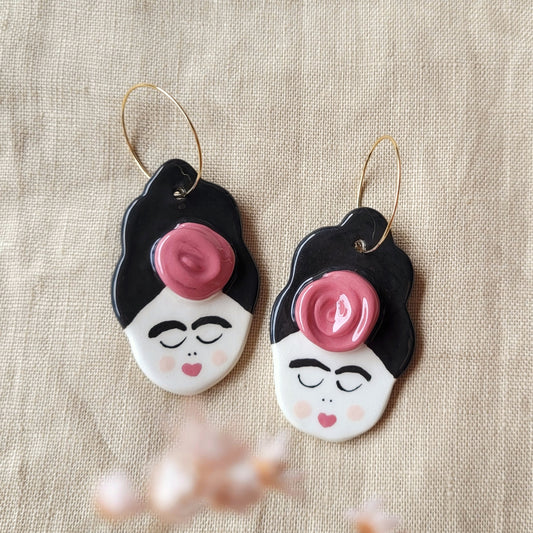 Ceramic dangle earrings "Girls with flowers"
