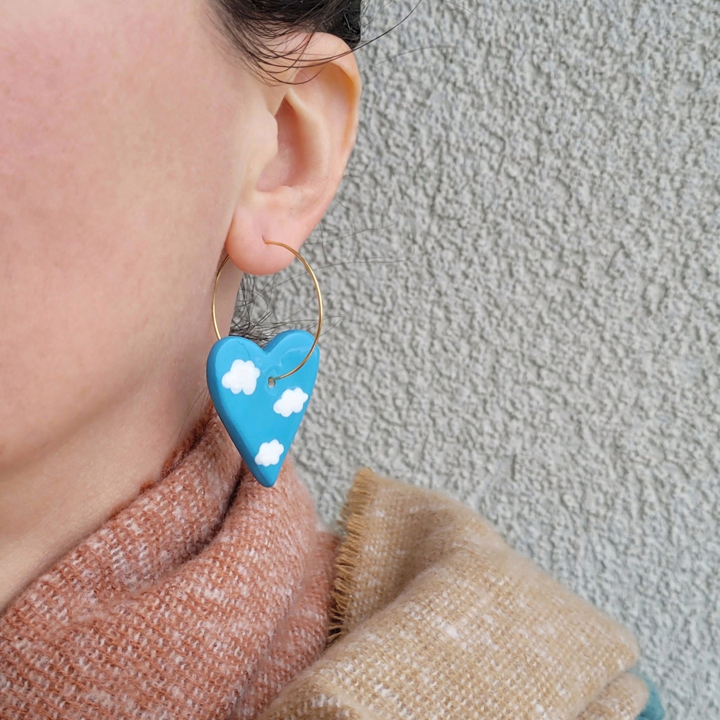 Ceramic dangle earrings "Blue hearts with white clouds"